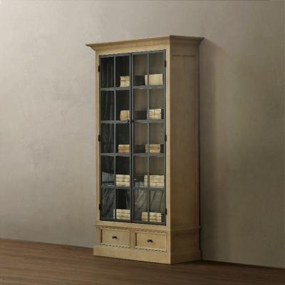 China American Country Style Oak Double Door Glass Wine Cabinet Bookcase Solid Wood Porcelain Cabinet for sale