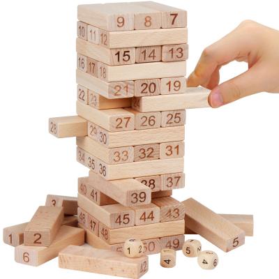 China Wooden Baby Toys Wooden Family Game 54Pcs Blocks+4Pcs Dies Collapsing Stacking Tower Digital Building Block Popular Game Education Gift for sale