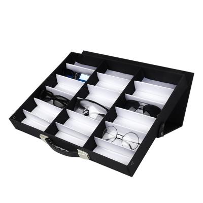 China New Eco-friendly Wholesale Oxford Cloth Black Glasses Display Box Folding 18 Grid Optical Glass Case Sunglasses Portable Suitcase for sale