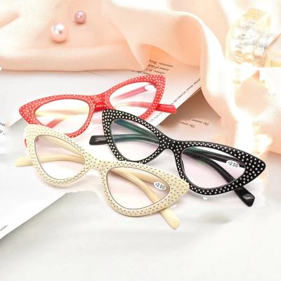 China Diamond Ladies Elegant Cat Eye Reading Glass Thin Women Shape Rhinestone Decoration Presbyopic Eyewear +1.0 +1.5 +2 +2.5 +3 +3.5 for sale