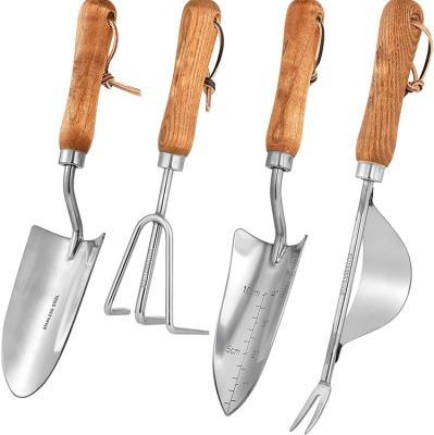 China 4 Pieces Stainless Heavy Duty Gardening Wooden Handle Tool Gardening Combination for sale