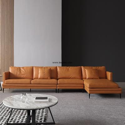 China Indoor Leisure Leather/PU upholstered L shaped sofa lounge design with metal legs for sale