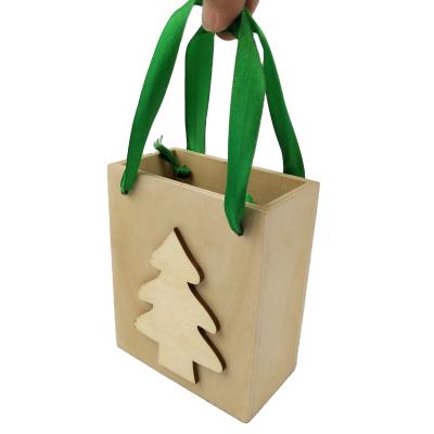 China China Custom Christmas Wooden Gift Box Packing Tree Wooden Box Christmas Cutout Hanging Ornament With Ribbon Handle for sale