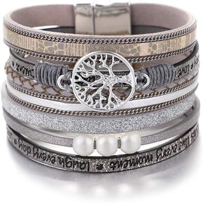 China Leder Multi-Layer Wrap Wide Magnetic Buckle Armband Bohemian Tree Of Life serie Te koop