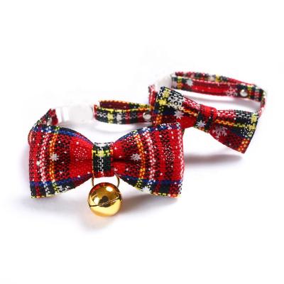 China Viable Christmas Red Plaid Snowflake Pet Bow Tie Bell Collar Adjustable Bow Cat Dog Collar Bow Tie for sale