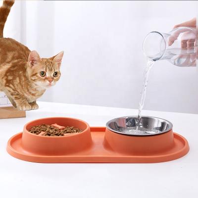 China Automatic Silicone With Stainless Steel Pet Bowl Double Feeding Water Dual Function Pet Food Bowl for sale