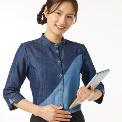 China restaurant & Bar Contrast Color Fashionable Long Sleeve Women Denim Blouses for sale