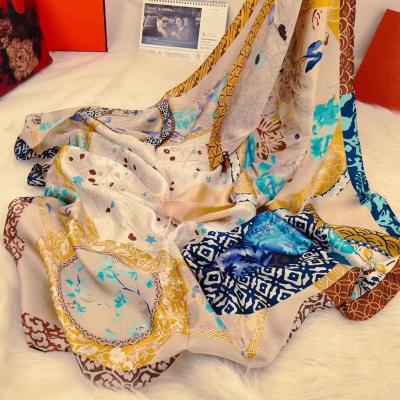 China Soft Elegant Luxury Square 110cm Silk Scarf Machine Edge 14mm Digital Printing Silk Scarf For Casual And Normal Dress for sale