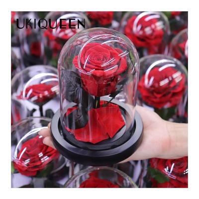 China Dry Flowers 2021 New Rose Flower Gift Hand Made Eternal Forever Rose Real Eternal Preserved Red Rose in Glass Dome for sale