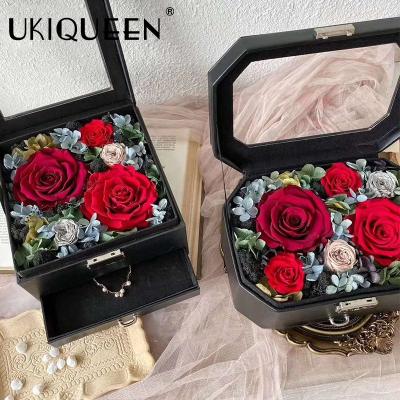 China Low MOQ Clear Transparent Acrylic Love Rose Flower Luxury Recyclable Leather Square Graduation Gift Boxes For Roses for sale