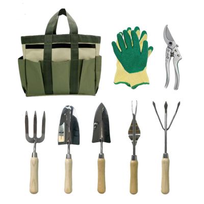 China Home Garden DIY Tools and Garden Decor Tool Kit 83 Pieces Hand Canvas Tool Bag Gift Set Wooden Garden Tools for sale