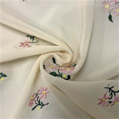 China Low MOQ Polyester Chiffon Embroidery Breathable Fancy Embroidered Simple Fabric For Summer Dress for sale