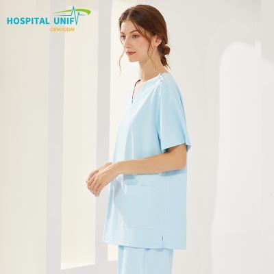 China 0 Carcinogen H&U Hot Sale V-Neck Short Sleeve Antimicrobial Cotton Polyester Technology Dental Clinic Hospital Uniforms Nurse Scrubs for sale