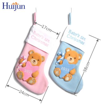 China 2021 Lovely 16 Inch Decorative 3D Fleece Baby Soft Christmas Bear With Star Stocking Baby Bag Gift Wholesale First Christmas Tree Decorations for sale