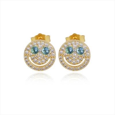 China Cute Inlaid Hip Hop With Real Zircon Face Earrings Personality Eyefun Smile Gold Plating 925 Silver Needle Earrings for sale