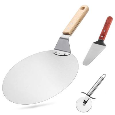 China Amazon Viable Hot Selling Instrument Handle Pancake Roller 3-Pieces Kit Stainless Steel Pizza Shovel Wooden Cutter for sale