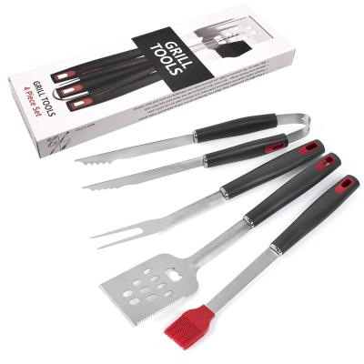 China Amazon Hot Sale 4-Pieces Kit Outdoor Camping Stainless Steel Food Tong Fork Spatula Brush Easily Cleaned BBQ Cooking Set for sale