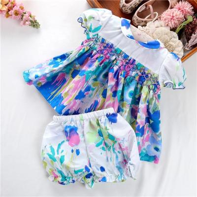 China Wholesale Breathable Summer Smocked Kids Clothing Babies Clothes Sets 2 Pcs Embroidery Floral Kids Outfits B14765 Hand Made for sale