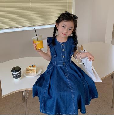 China 2022 New Arrival Infant Solid Blue Babies Denim Dress Toddler Kids Anti-Static Fly Casual Sleeve Dresses Clothing Outfit 11622X125059 for sale