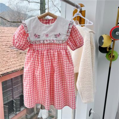 China 2022 Summer New Arrival Flower Collar Babies Short Sleeve Dresses Infant Toddler Kids Anti-Static Pink Plaid Clothing for sale