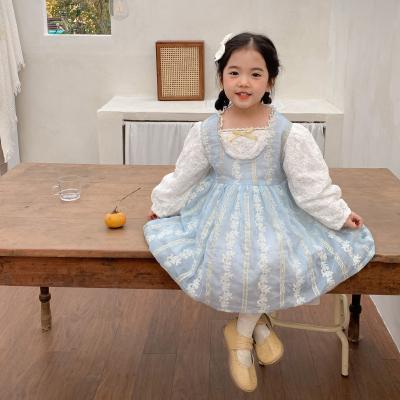 China 2022 Light Blue Anti-Static Spring Infant Vintage Lolita Babies Dresses Toddler Kids Lace Up Flower Clothing Boutiques 22qz1081083 for sale