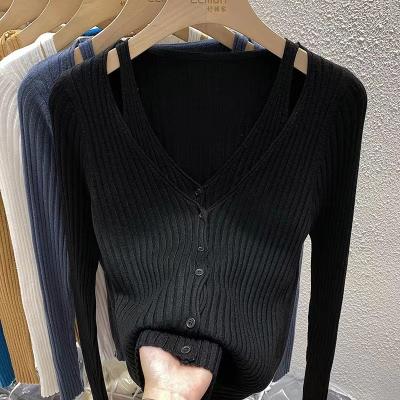 China 2022 New Arrival Breathable Big Girls Tops Kids Knitted Shirts V Neck Solid Blue Black Long Sleeve Clothing N8802053 for sale