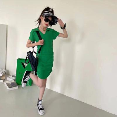 China 2022 Summer Girls Solid Green Black Clothing AL1160038 Solid V-Neck Tall Tight Dress for sale