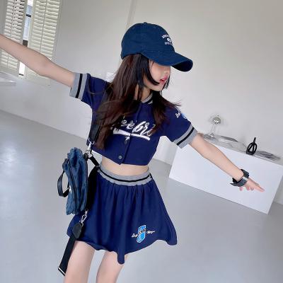 China Viable 2022 summer girls big blue shirt with skirt design korean boutiques sport baseball clothing sets W2932055 for sale