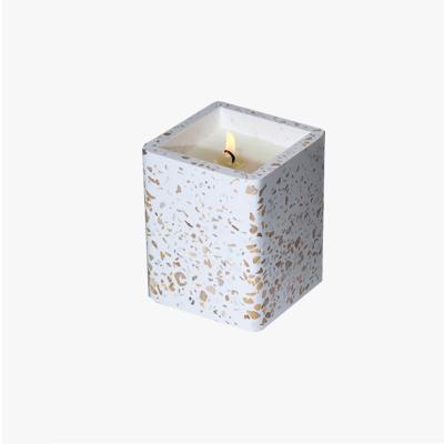 China Wholesale Home Decoration With Cement Candle Terrazzo Square Empty Candle Cup Wood Cover Can Candlestick for sale