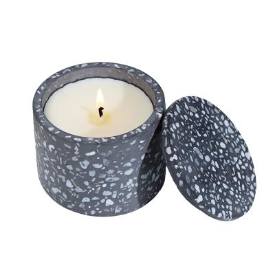 China Home Decoration Round Concrete Candle Jar With Cover Terrazzo Candle Holder Decor for sale