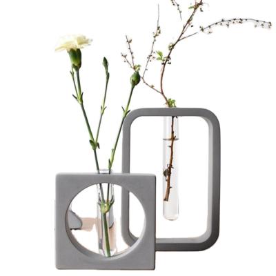 China Factory Modern Modern Incubator Cement Flowerpot Glass Tube Vase Concrete Hydroponic Marble Home Decoration for sale