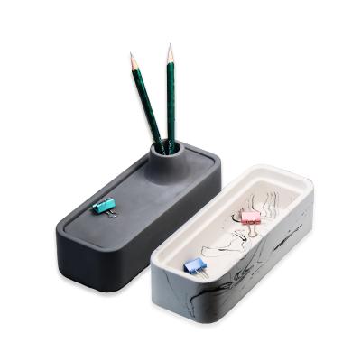 China Black concrete cement pen holder with cover cement stationery management container/desktop pen holder supplier for sale