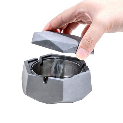 China Smoking accessory concrete ashtrays with stainless steel LIDS and liner, for indoor or outdoor, patio, office and home use geometric cement asht for sale