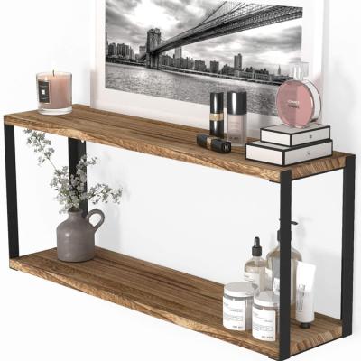 China Adjustable Rustic Decor (Height) Wooden Wall Shelf for Bathroom Organization and Storage, Natural Burnt 2 Tier Floating Shelves for sale