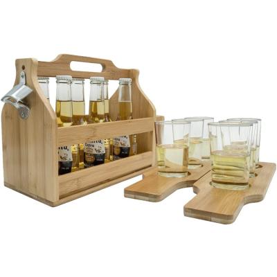 China Sustainable Wooden Bottle Cart with Opener and Bamboo Sampler Panels Drink Holder for Beer Soda Perfect for Bar Pub Restaurant Brew Fest Par for sale