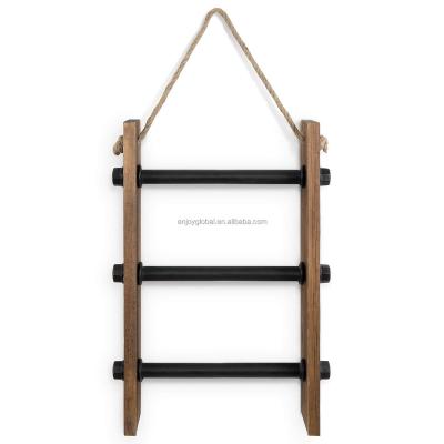 China America Wall Hanging Towel Rack, Industrial Pipe and Dark Brown Burnt Wooden Hand Towel Shelf Storage Ladder with Rope for sale