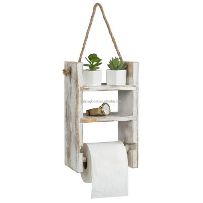 China America 2-Tier Whitewashed Wood Hanging Ladder Bathroom Shelf and Toilet Paper Holder with Rustic Rope Ladder Wood Wall Mounted Style for sale