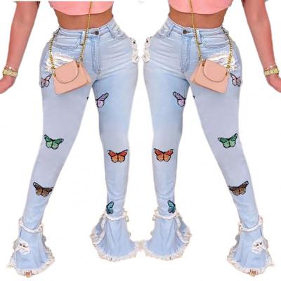 China 2020 Autumn Cotton Women Jeans Butterfly Embroidered Flare Waist Boot Cuts Viable High Cuts Light Blue Latest Pant Design for sale