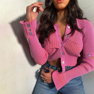 China Sustainable Solid Ribbed Single Breasted Long Sleeve Shirts For Women Crop Top for sale