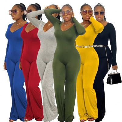 China New Women's Hot Fashion Solid Color High Flare Waist Anti-pilling Long Sleeve Pocket Pants Skinny V-Neckline Casual One-Piece Overalls for sale