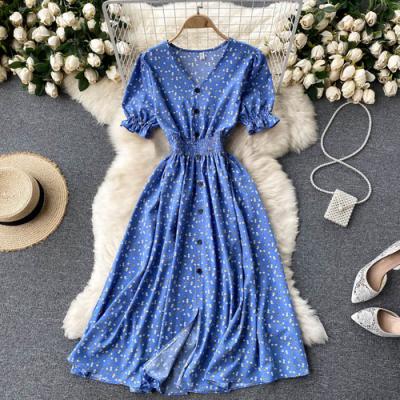 China Summer Anti-Static Custom Ties Bohemian Casual Dresses Elegant One Line Puff Sleeve Ladies Printing Floral Midi Dress for sale