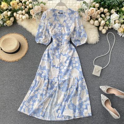 China 2022 Summer Spring V-Neckline Puff Sleeve Midi Floral Print One Line Female Casual Dress Anti-Static Top for sale