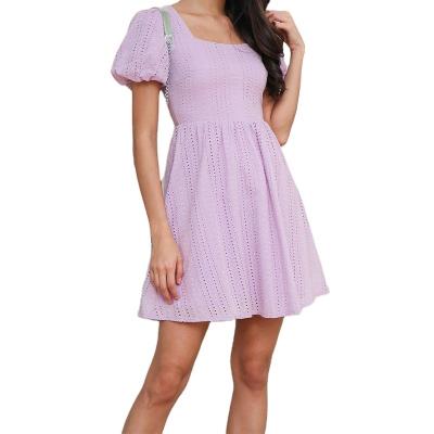 China Wholesale Custom Made Eyelet Square Neckline Anti-Static Women Embroidery Casual Dresses Purple Puff Sleeve Dress for sale