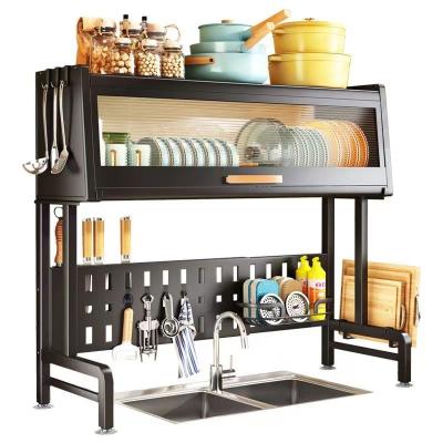 China Dustproof Buffet Door Sink Frame Can Retractable Kitchen Tier Vertical Dish Rack Two Layers Drain Storage Rack for sale