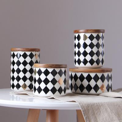 China White Black Pattern Ceramic Storage Containers Cover With Lid Kitchen Wood Jars For Tea Spice Seasoning Coffee Decorative Canisters for sale