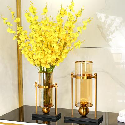 China Modern European Gold Metal Crafts Living Room Wedding Decor Pieces Clear Vase Home Decoration Accessories Wholesale Glass Collection for sale