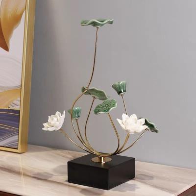 China Europe Metal Nordic Luxury Home Accessories Ornaments Ceramic Lotus Leaf Golden Ornament For Office Living Room Table Decoration for sale