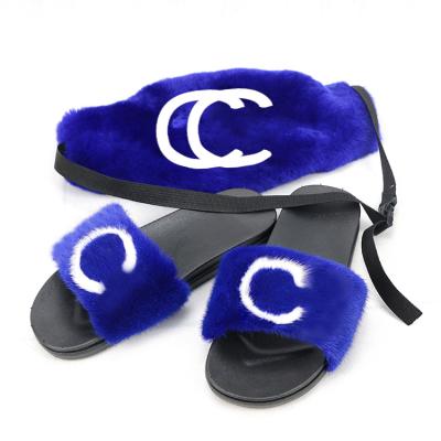 China Hot Sales Anti-theft Colorful Rabbit Fur Bag And Mink Fur Slides With Custom Letters Available for sale