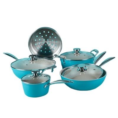 China Sustainable Blue 15Pieces Aluminum Set Pots And Pans Cookware Sets Cooking Non-Stick Cookware Sets for sale