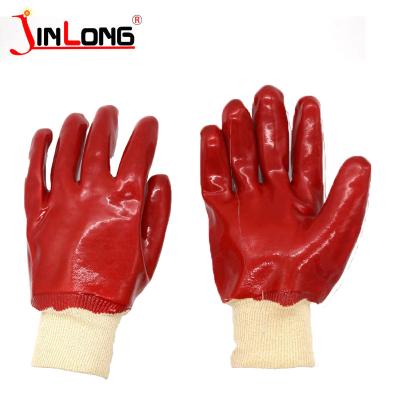 China Oil Resistant Red Smooth Finish PVC Gloves With Single Dipped Knit Wrist AND Anti-Slip Oil Resistant Working Gloves for sale